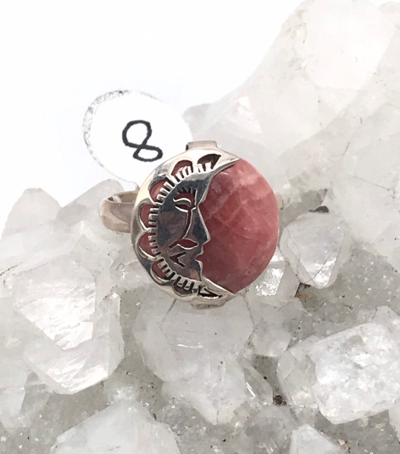 Rhodochrosite Moon Ring Size 8
