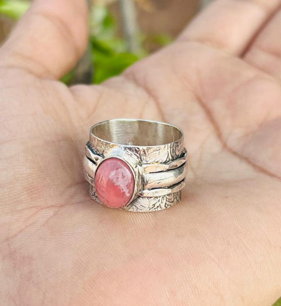 Natural Rhodochrosite Band Ring, 925 Sterling Silver, Handmade Jewelry, Valentines Day Band
