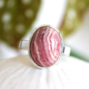 Oval Rhodochrosite Ring: Bright Pink Stone, 925 Sterling Silver, Size 8-8.5