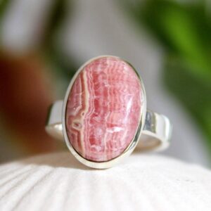 Rhodochrosite Ring: Oval Pink Gemstone, Sterling Silver Bezel, Size 6.5