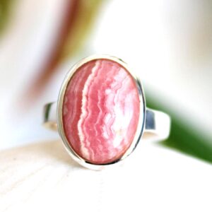 Rhodochrosite Ring: Oval Pink Gemstone, 925 Sterling Silver, Size 7-7.5