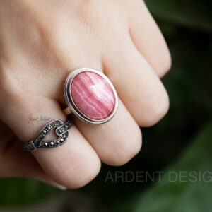 Oval Rhodochrosite Ring: Sterling Silver Boho Gemstone