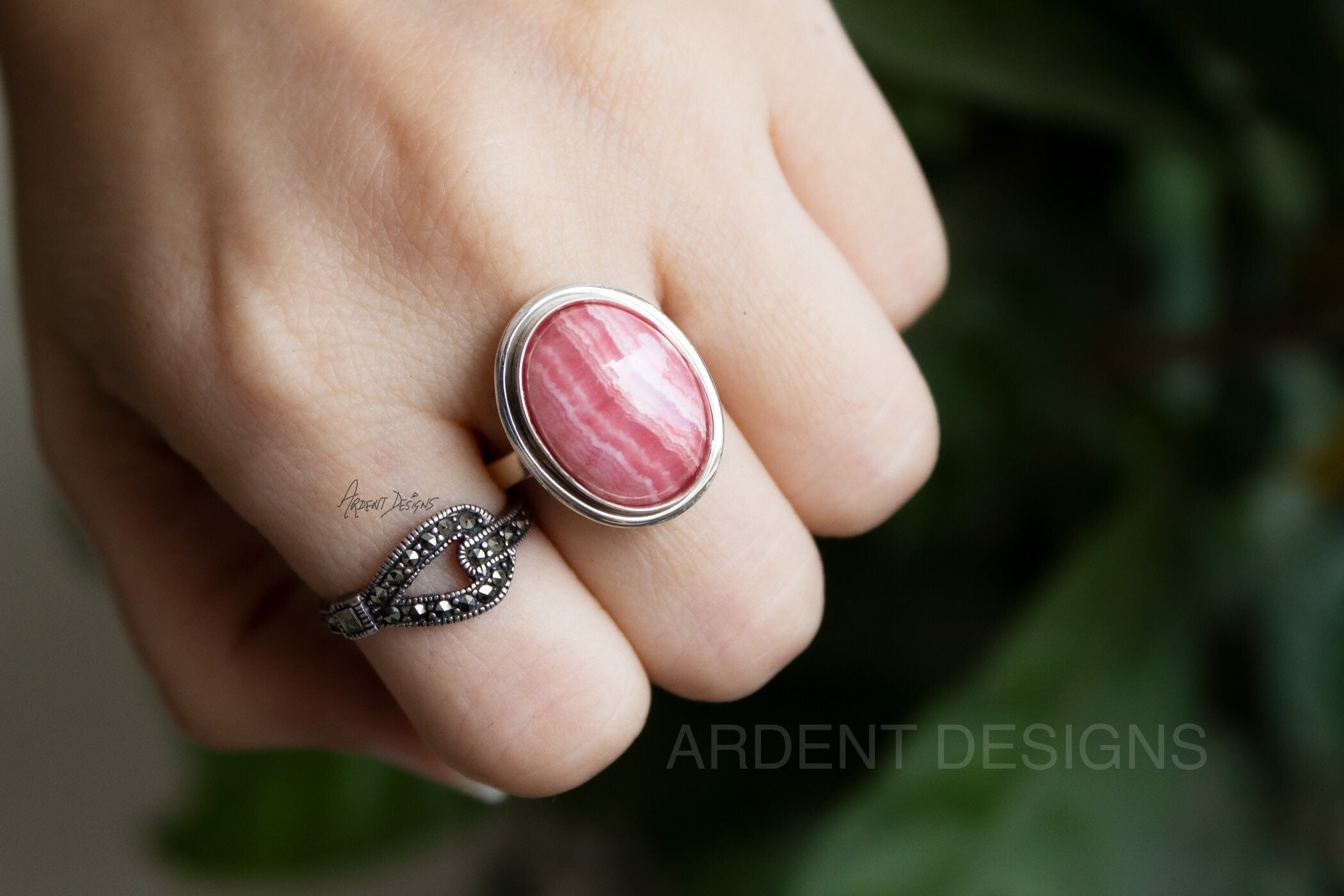 Oval Rhodochrosite Ring: Sterling Silver Boho Gemstone Oval Rhodochrosite Ring: Sterling Silver Boho Gemstone