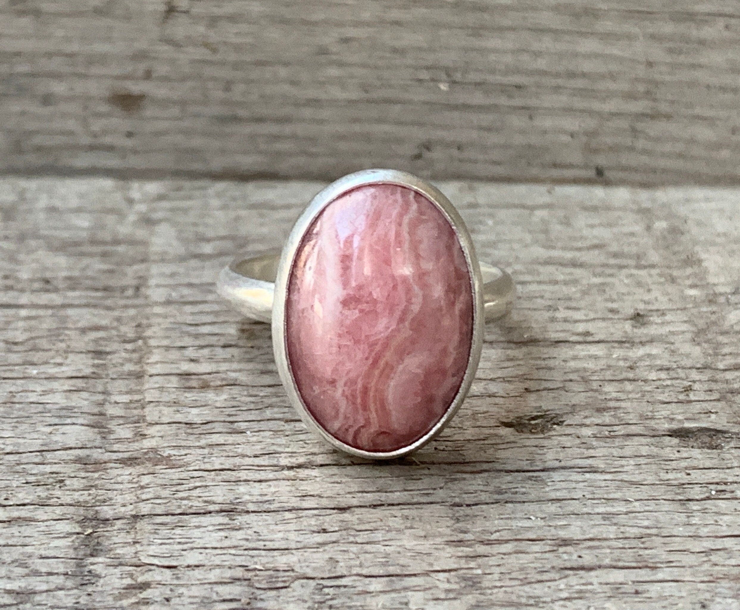 Romantic Oval Pink And White Rhodochrosite Sterling Silver Ring | Boho Ring | Solitaire Pink Stone Ring | Pink Stone Ring | Elegant Ring