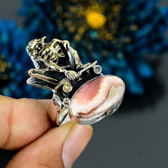 Rhodochrosite Skeleton Ring: Handmade 925 Sterling Silver Adjustable Jewelry