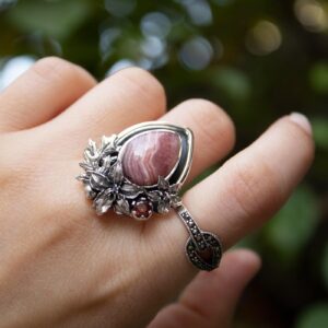 Rhodochrosite Sterling Silver Ring: Oval Gemstone, Boho Floral Design