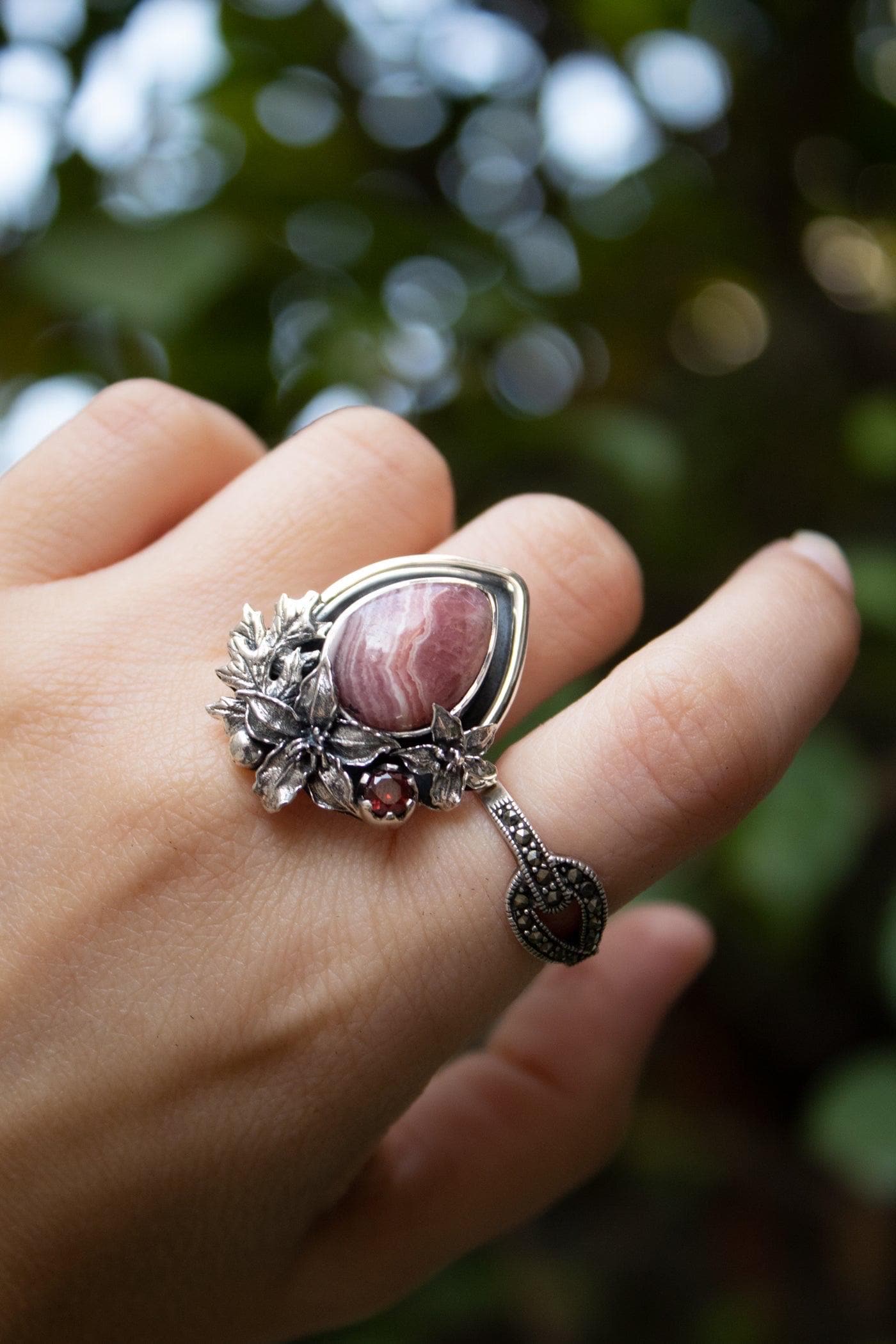 Rhodochrosite Sterling Silver Ring: Oval Gemstone, Boho Floral Design Rhodochrosite Sterling Silver Ring: Oval Gemstone, Boho Floral Design