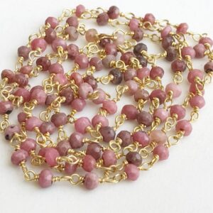 3-3.5mm Rhodocrosite Faceted Rondelle Beads Connector Chains in 925 Silver Gold Plate Wire Wrapped Rosary Style ( 1Foot To 5Feet Options)