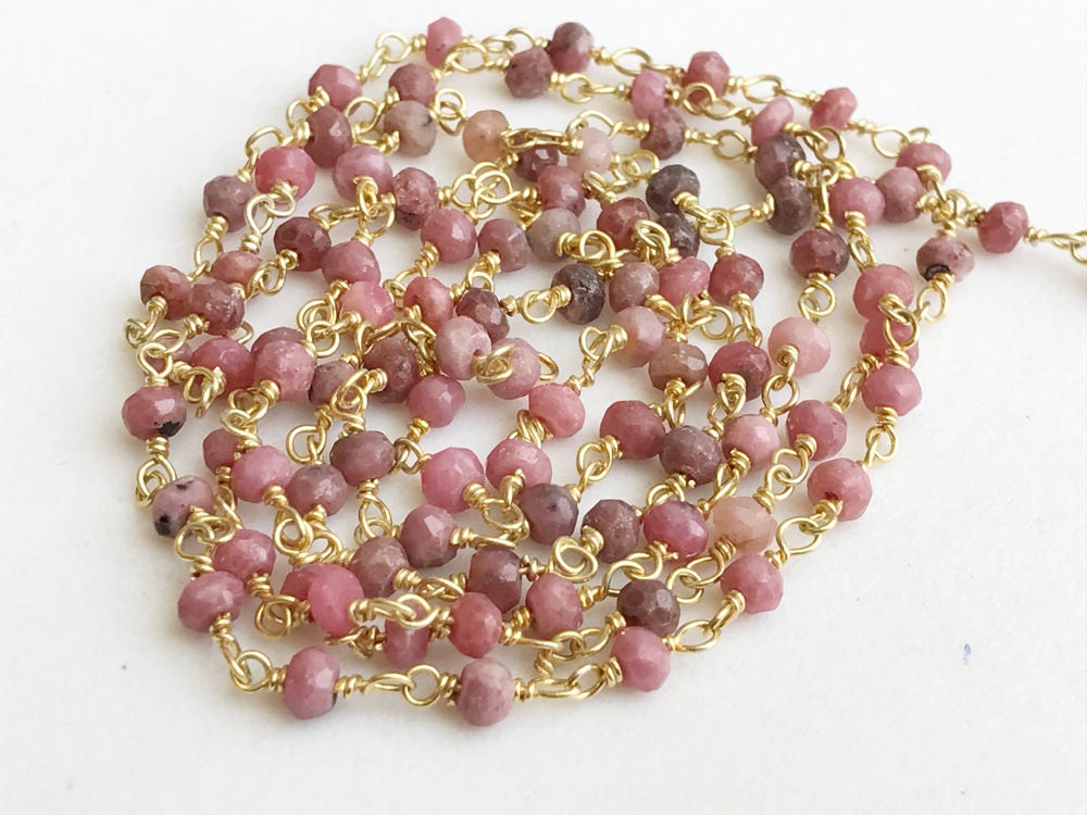 3-3.5mm Rhodocrosite Faceted Rondelle Beads Connector Chains In 925 Silver Gold Plate Wire Wrapped Rosary Style ( 1foot To 5feet Options)