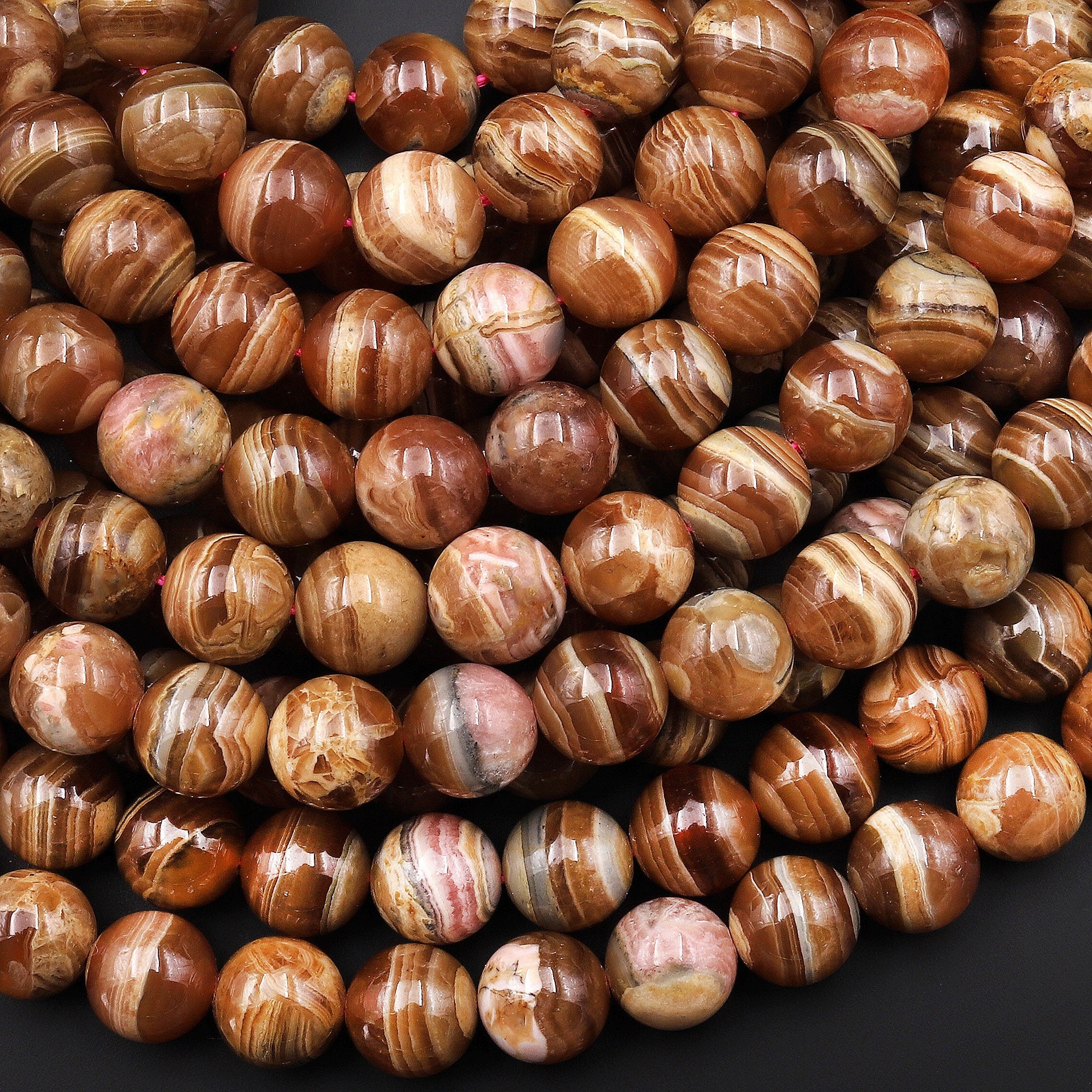 Aaa Natural Honey Brown Capillitita Rhodochrosite 6mm 8mm 12mm Round Beads Caramel Bands Stripes 15.5" Strand