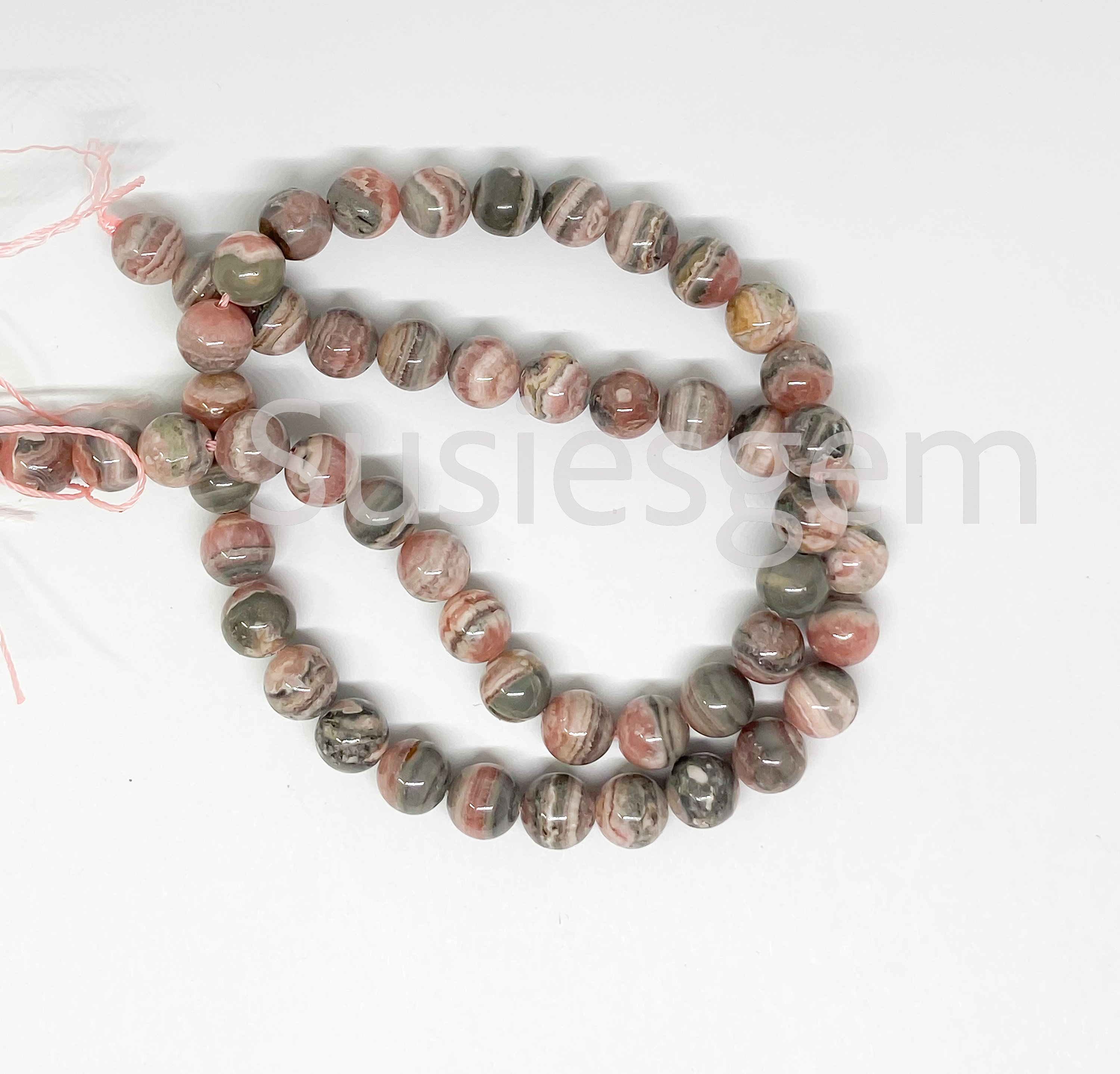 Genuine Argentina Rhodochrosite Round Beads: 7.5mm Pink Gray Strand