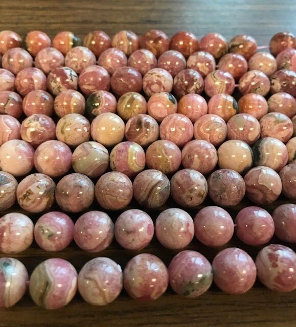 Natural Rhodochrosite 9mm Round Gemstone Beads--7.5"- Natural Rhodochrosite 9mm Round Gemstone Beads--7.5"-