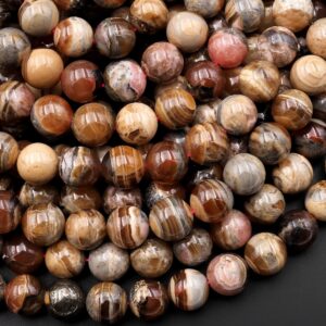 Natural Honey Brown Capillitita Rhodochrosite 6mm 8mm 10mm Round Beads Caramel Bands Stripes 15.5" Strand