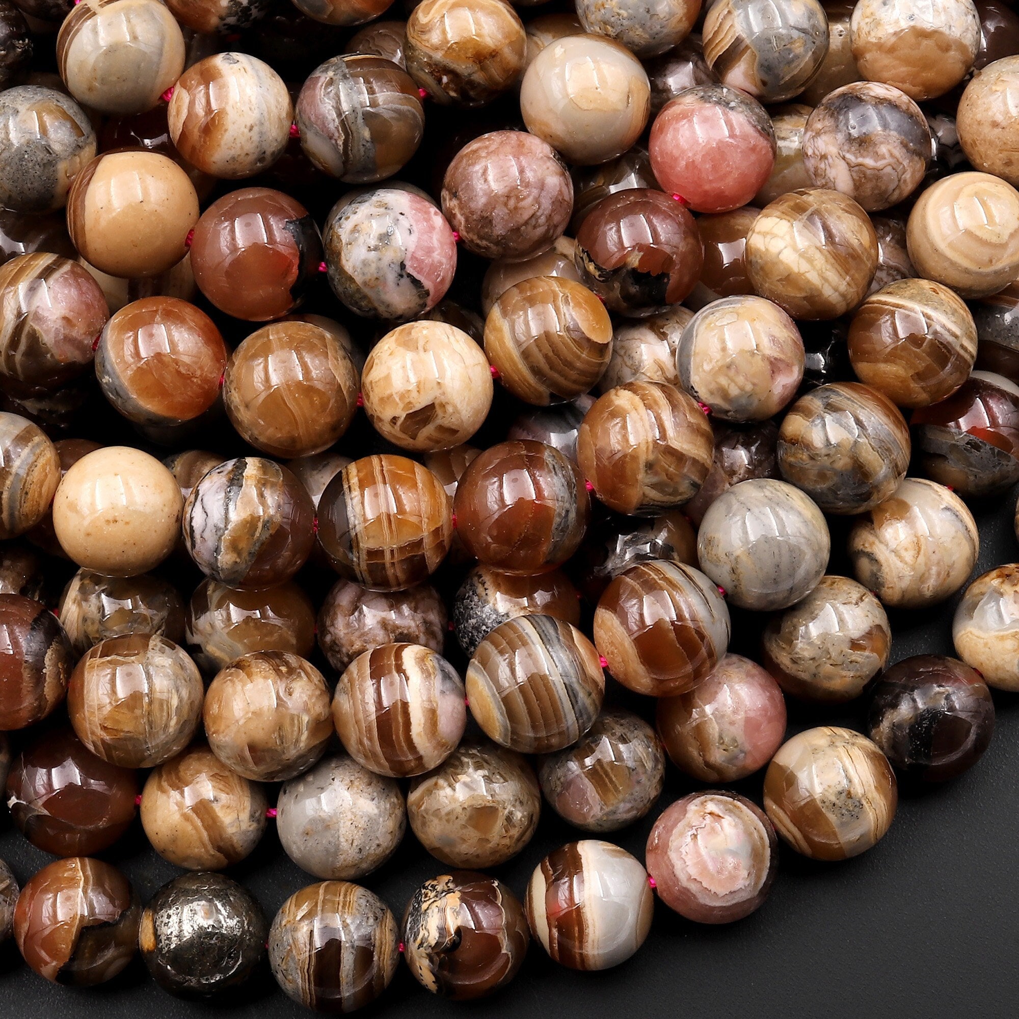 Natural Honey Brown Capillitita Rhodochrosite 6mm 8mm 10mm Round Beads Caramel Bands Stripes 15.5" Strand