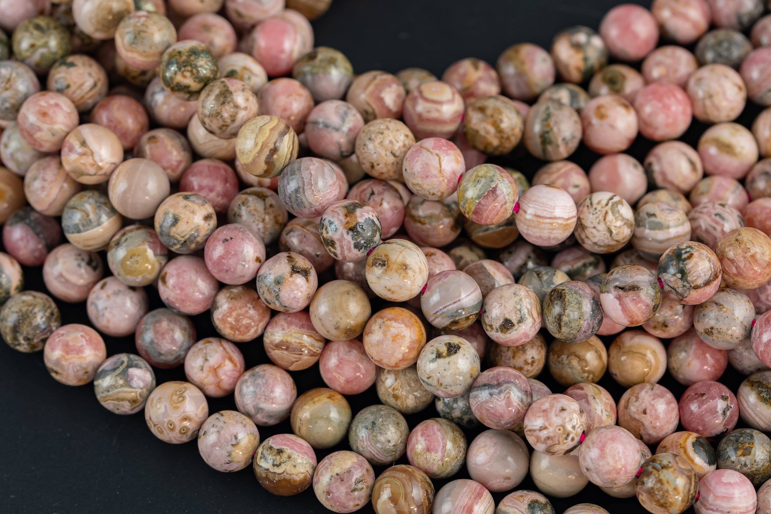Natural Rhodochrosite Smooth Round Beads In Full Strands. 4mm, 6mm, 8mm, 10mm, 12mm, 14mm- 15 Inch Strand- Natural No Dye