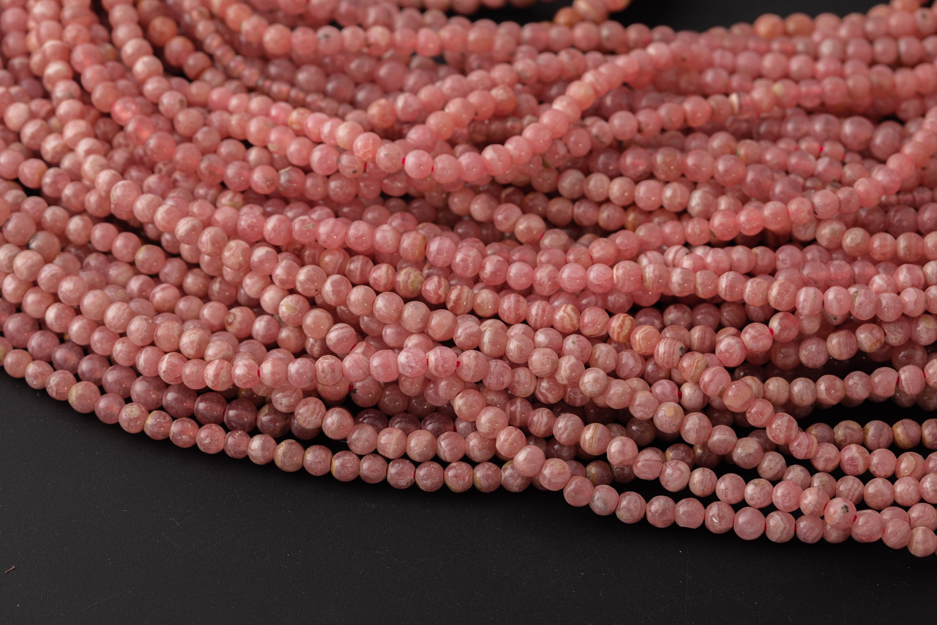Natural Rhodochrosite Smooth Round Beads In Full Strands. 3-4mm- 15.5nch Strand- Natural No Dye