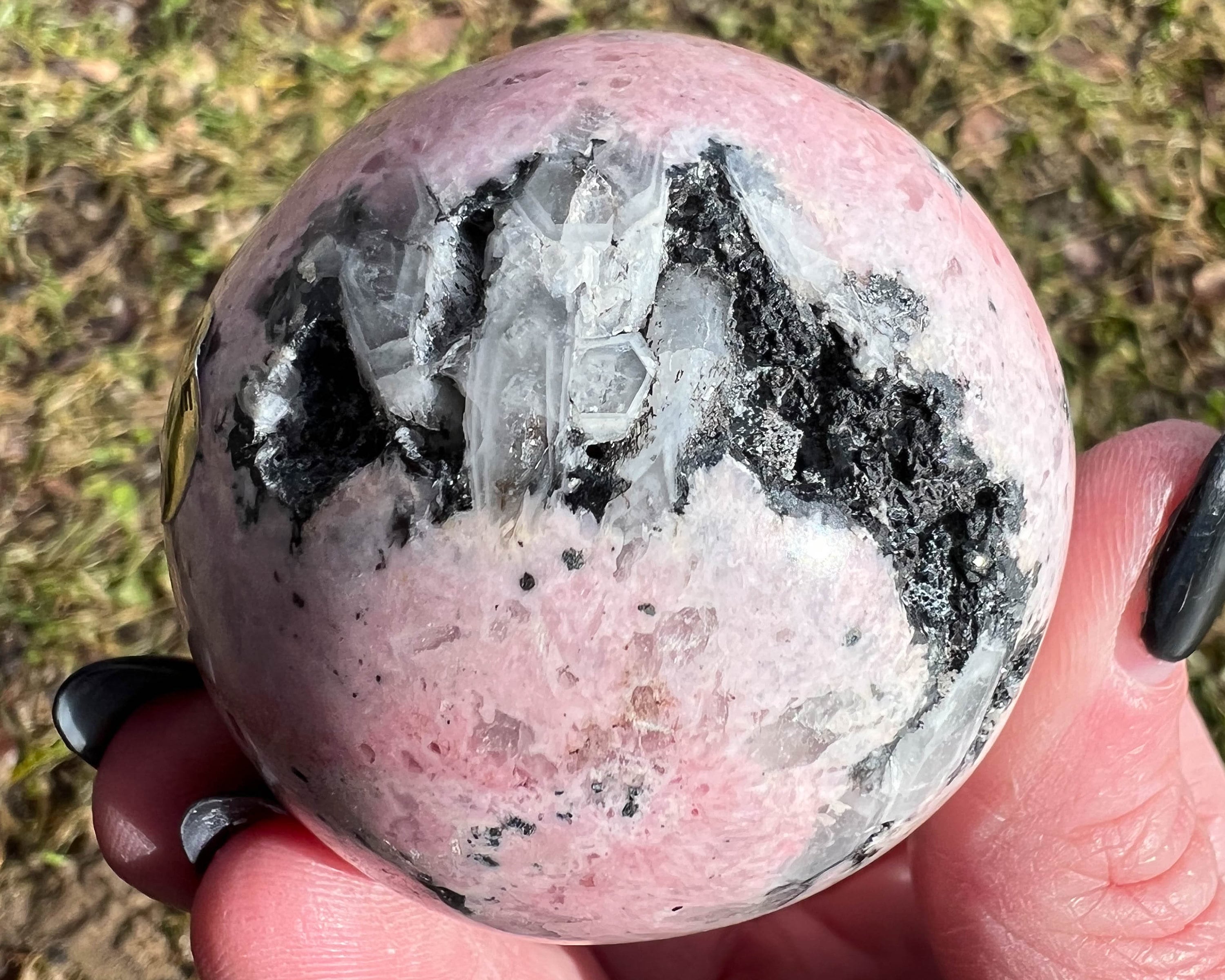2.1" Rhodochrosite Sphere With Quartz Pocket, Pyrite Manganese, Large Banded Pink Crystal Ball, Polished Stone, Birthday #2 2.1" Rhodochrosite Sphere With Quartz Pocket, Pyrite Manganese, Large Banded Pink Crystal Ball, Polished Stone, Birthday #2
