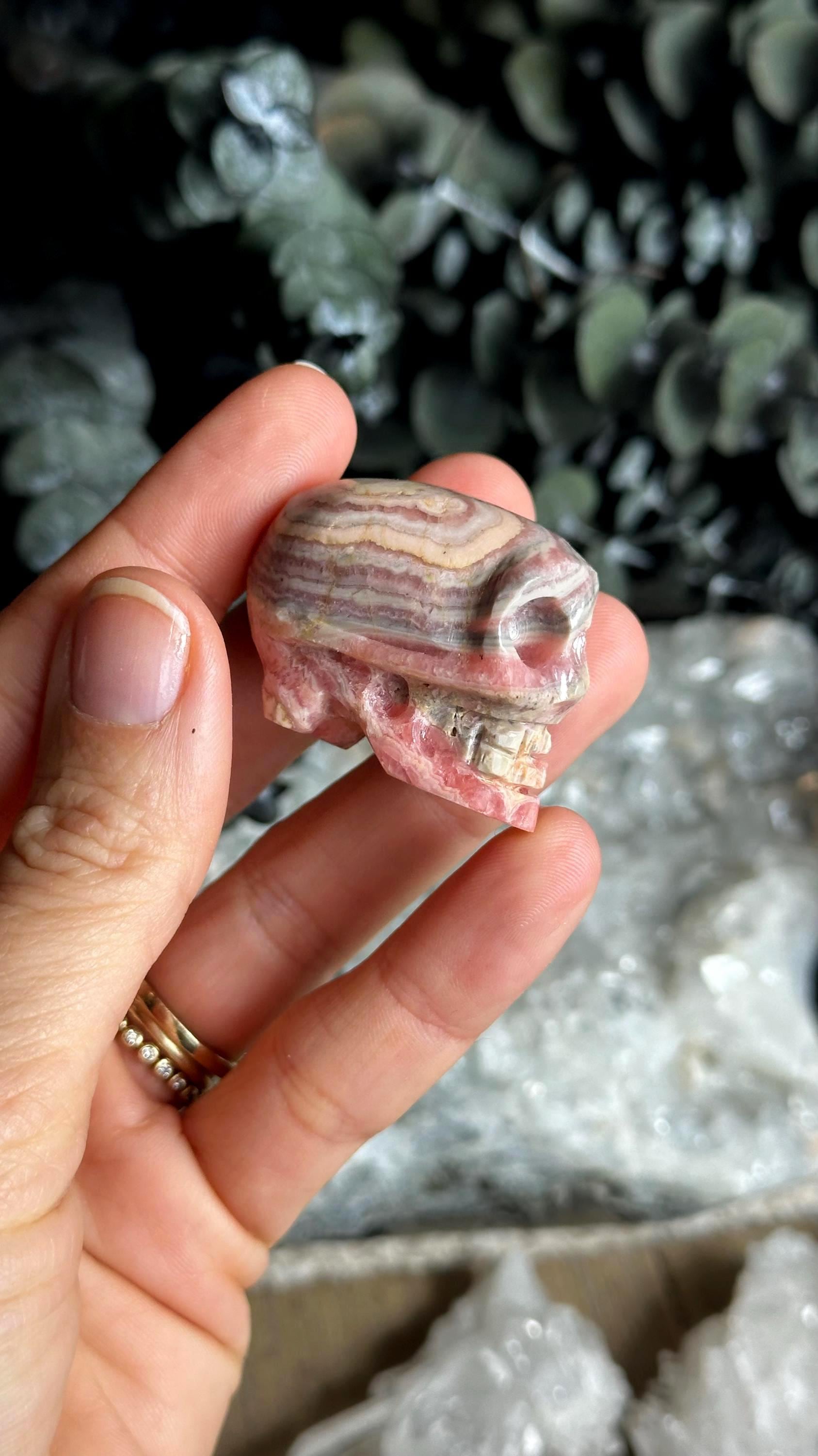 Rhodochrosite Gemstone Skull: Carved Crystal Figurine (54g)