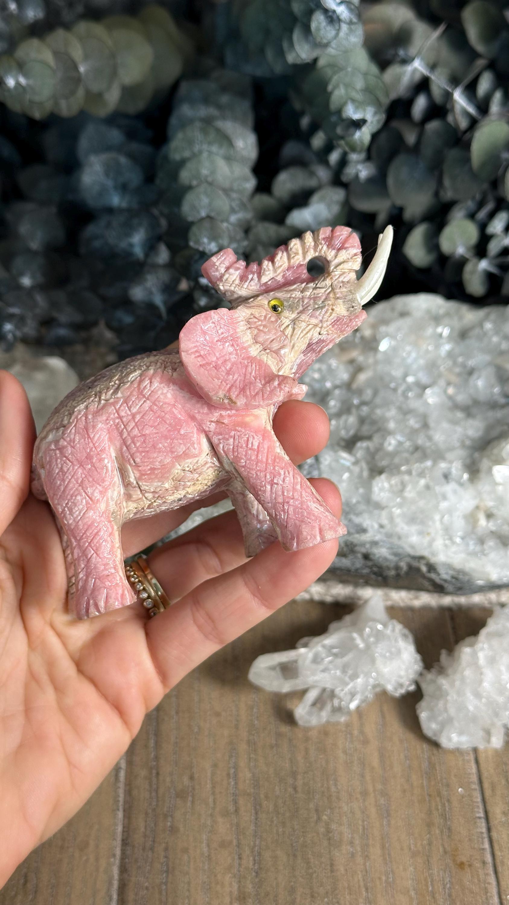 Large Rhodochrosite Elephant, Pink Crystal Elephant Carving