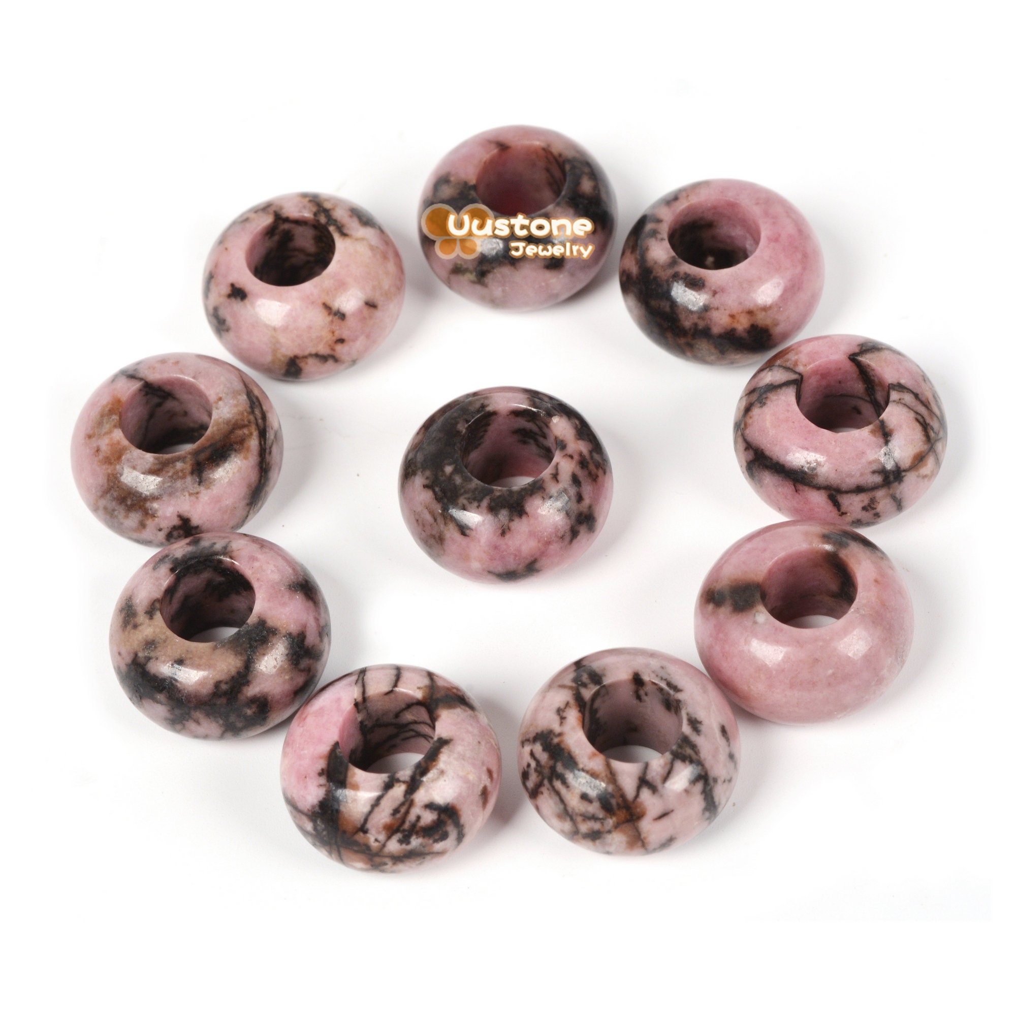 14mm Natural Matrix Rhodonite Universal Large Hole Rondelle Bead For Bracelet Diy Jewelry Making