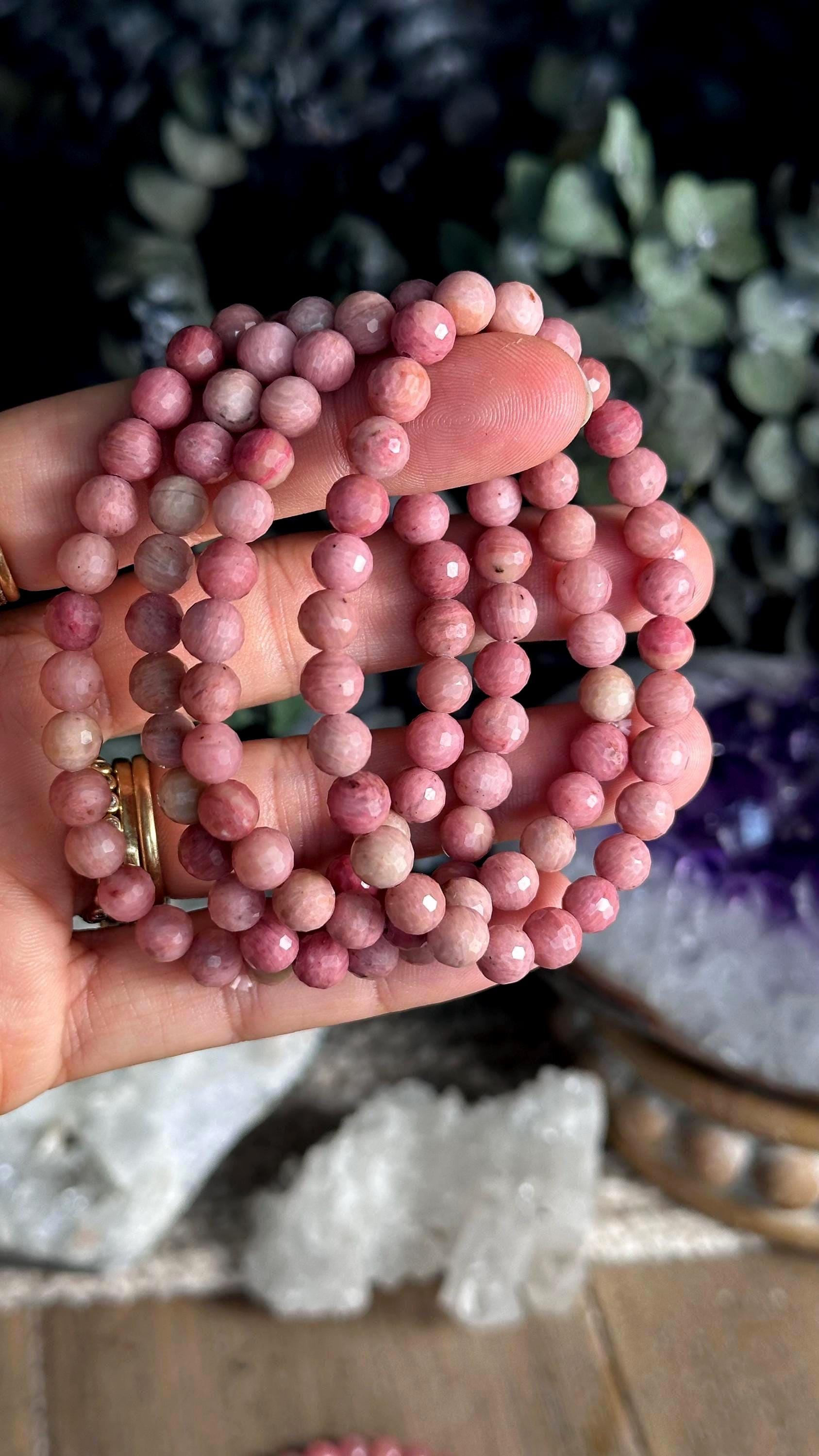 6mm Rhodonite Crystal Bracelet: Faceted Beaded Stretch Bracelet
