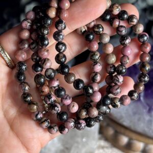6mm Rhodonite Crystal Bracelet: Pink Beaded Stretch Bracelet