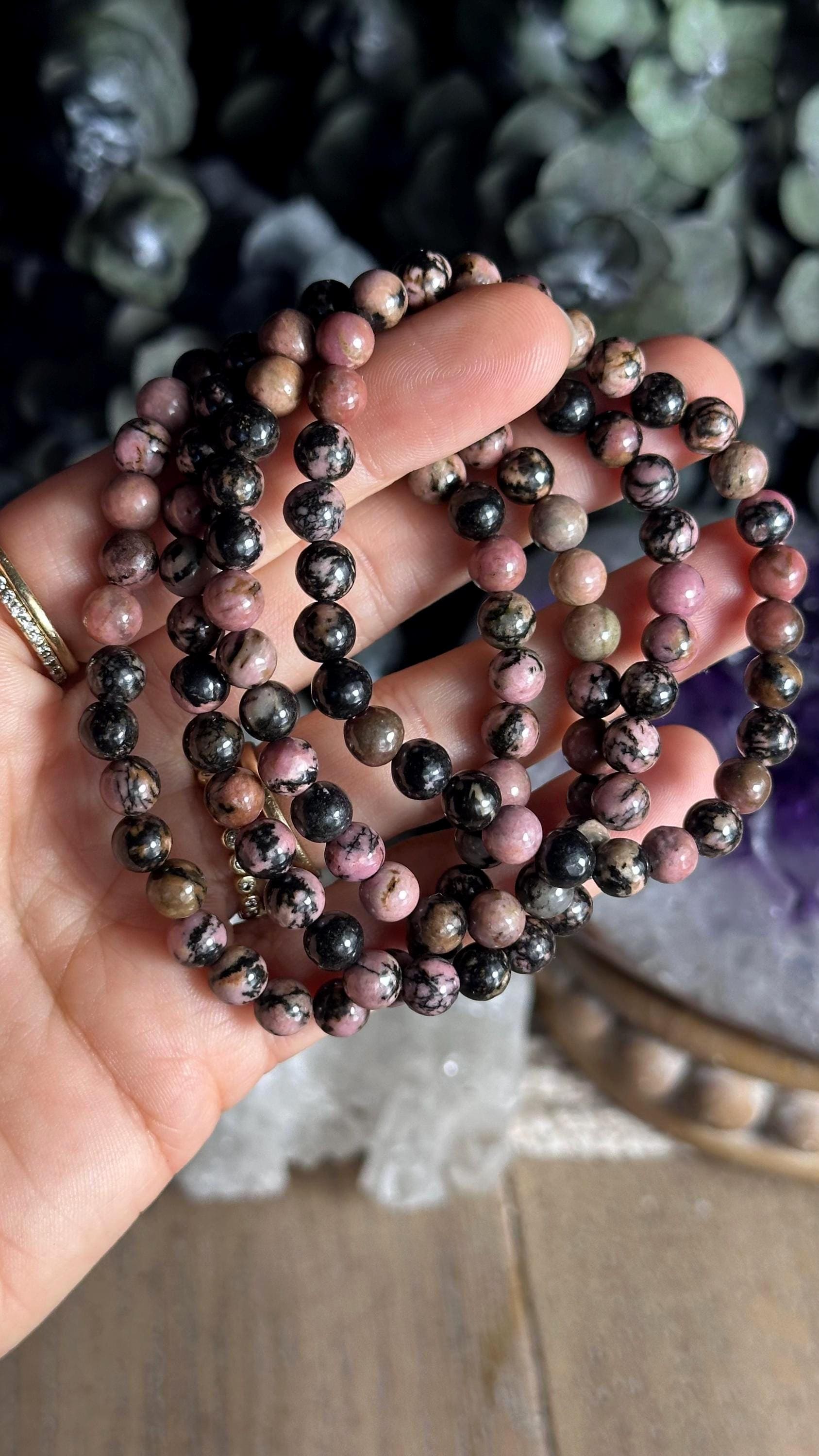 6mm Rhodonite Crystal Bracelet: Pink Beaded Stretch Bracelet