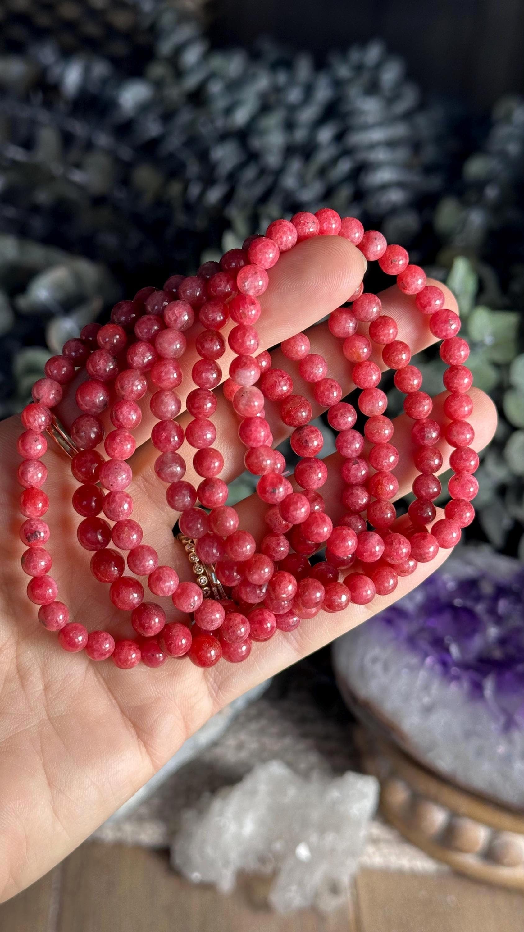 6mm Gem Rhodonite Crystal Bracelet: Gemstone Jewelry