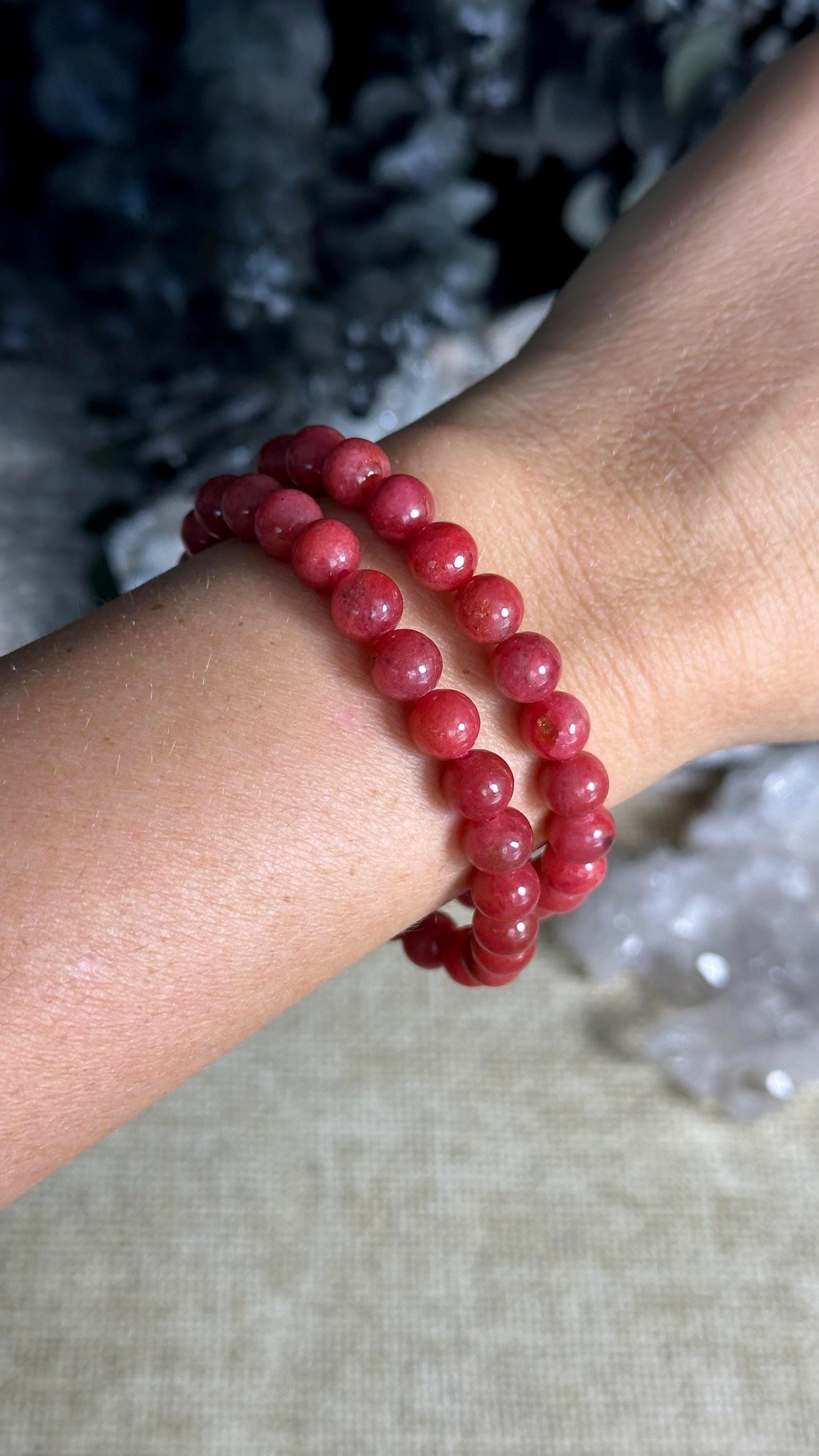 8mm Gem Rhodonite Crystal Bracelet:  Gemstone Jewelry