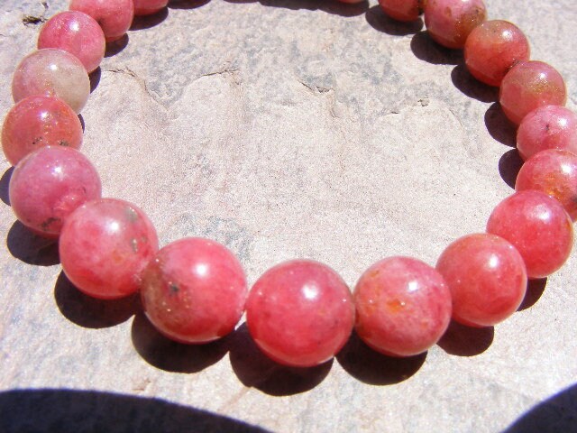 Rhodonite Bracelet, Aa Quality, Stunning Natural Color, 10mm Round Beads, On Stretch Cord