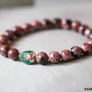C6.25"/ Rhodonite 8mm Round Bracelet Set Natural Pink Gemstone Beads W/ Cloisonne Accent Elastic Strung Ready To Wear