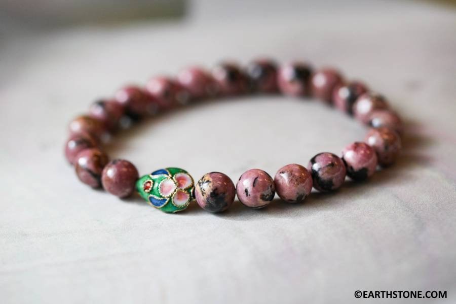 C6.25"/ Rhodonite 8mm Round Bracelet Set Natural Pink Gemstone Beads W/ Cloisonne Accent Elastic Strung Ready To Wear