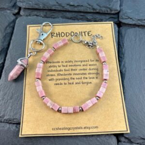 Rhodonite Crystal Bracelet & Purse Charm Set: Handmade Healing Heart Chakra Jewelry