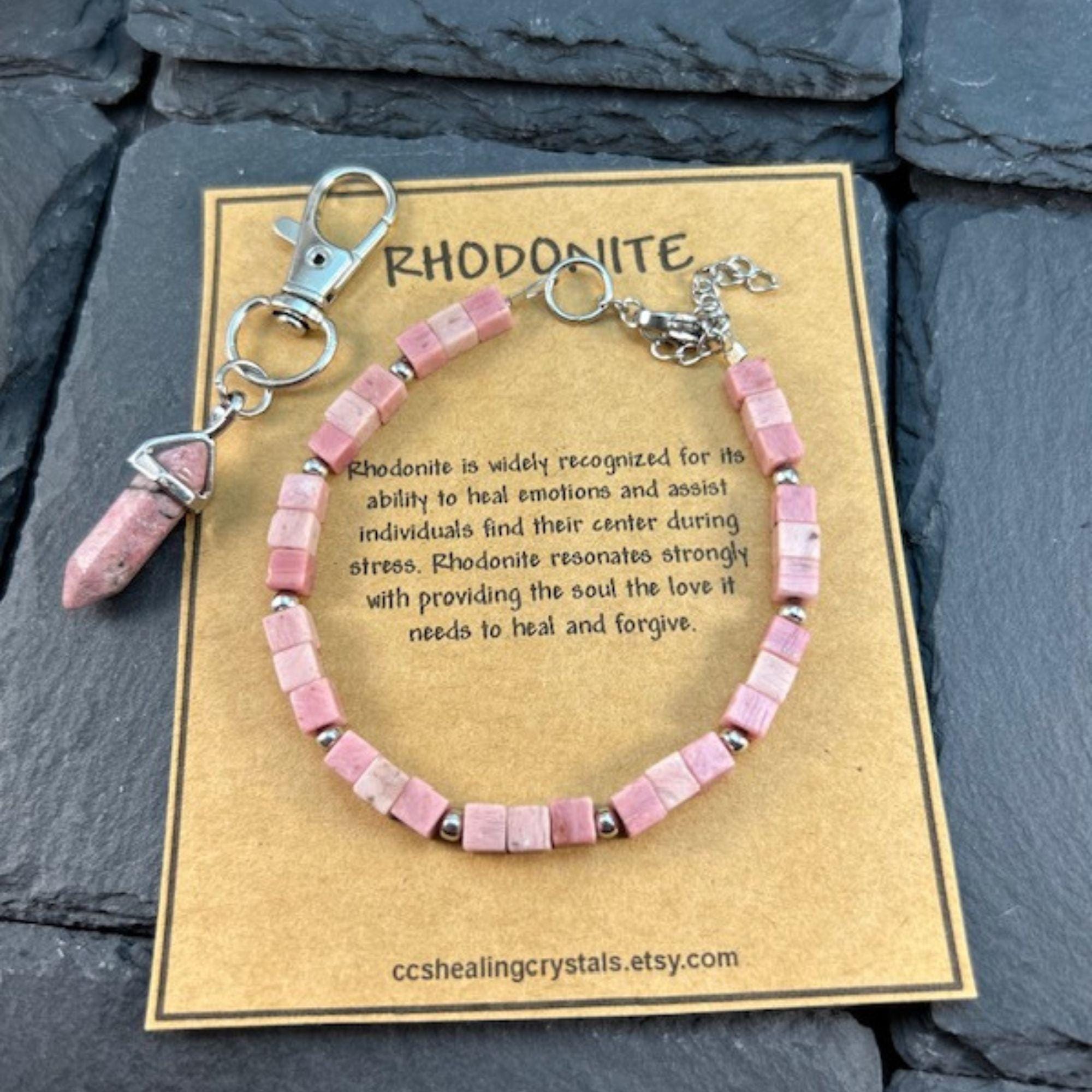 Rhodonite Crystal Bracelet & Purse Charm Set: Handmade Healing Heart Chakra Jewelry