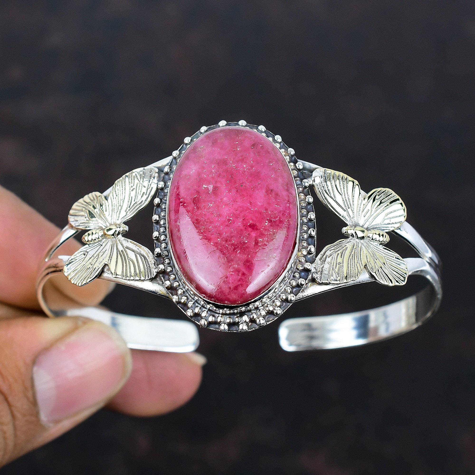 Rhodonite Cuff Bracelet: 18k Gold Plated Sterling Silver Butterfly Bangle Rhodonite Cuff Bracelet: 18k Gold Plated Sterling Silver Butterfly Bangle