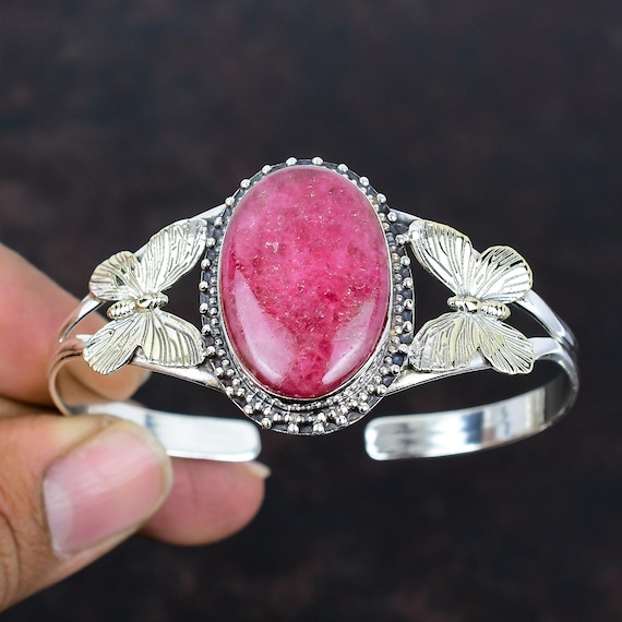 Rhodonite Cuff Bracelet: 18k Gold Plated Sterling Silver Butterfly Bangle
