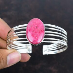 Rhodonite Cuff Bracelet: Handmade 925 Sterling Silver Adjustable Bangle