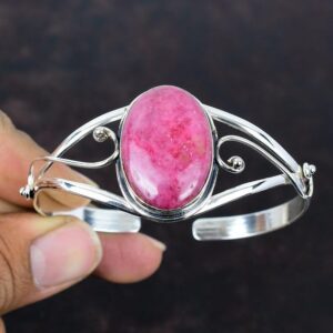 Rhodonite Cuff Bracelet: Handmade 925 Sterling Silver Adjustable Bangle