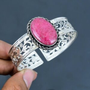 Rhodonite Cuff Bracelet: Handmade 925 Sterling Silver Adjustable Bangle