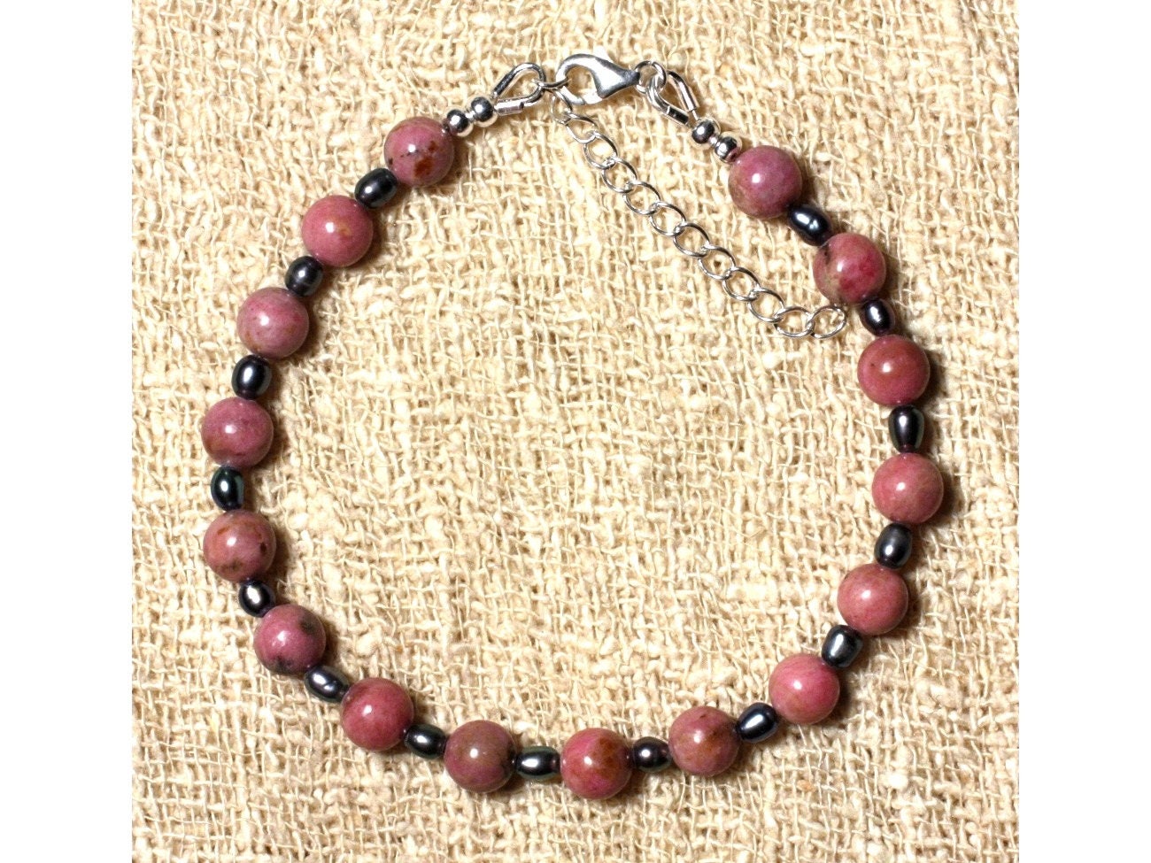 Bracelet En Rhodonite Perles De Culture Et Argent 925 Perle Rose
