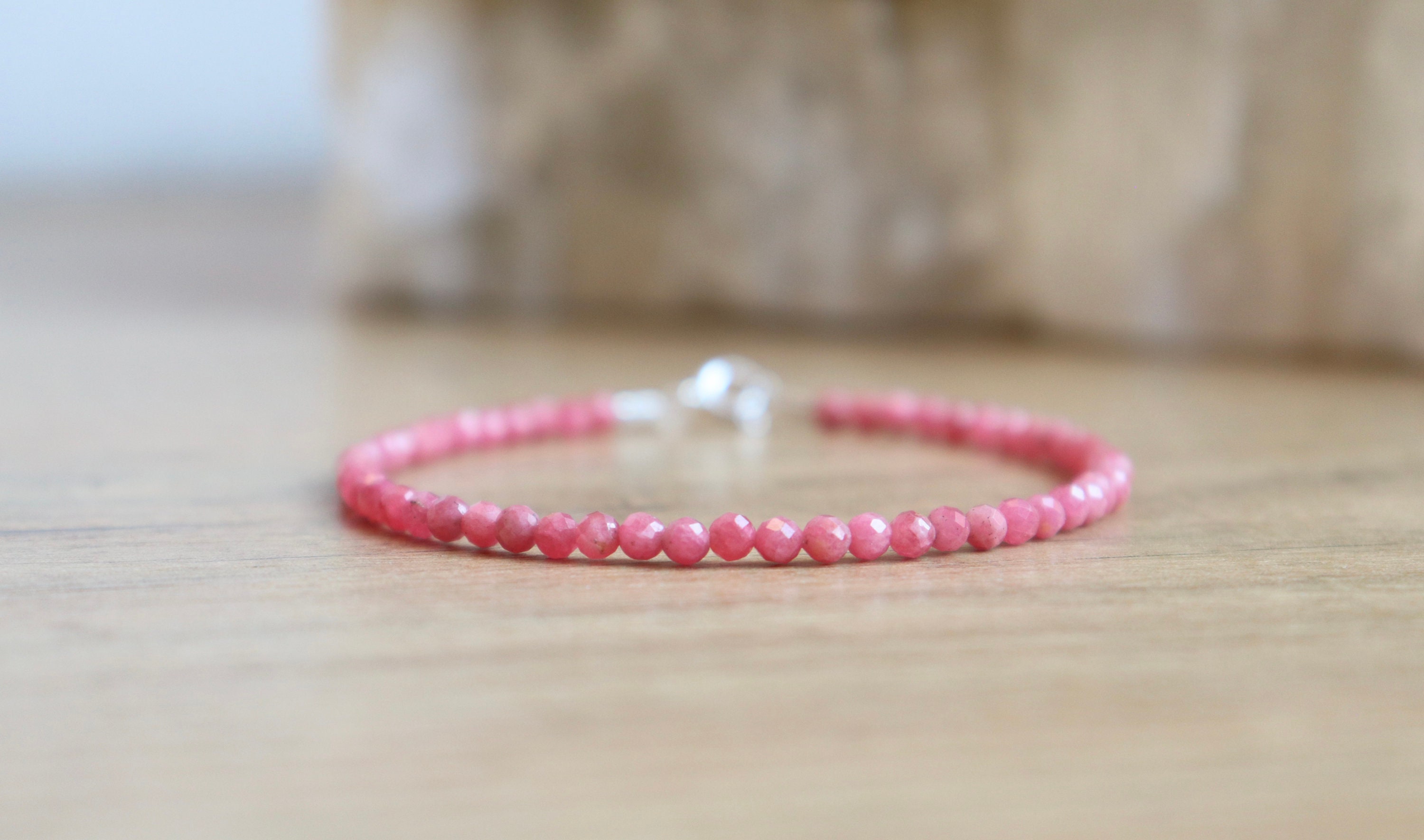 Fine Rhodonite Bracelet, Pink Gemstone Bracelet, Ultra Rare Crimson Red Rhodonite From Brazil, 3mm Bead Bracelet, Sterling Silver