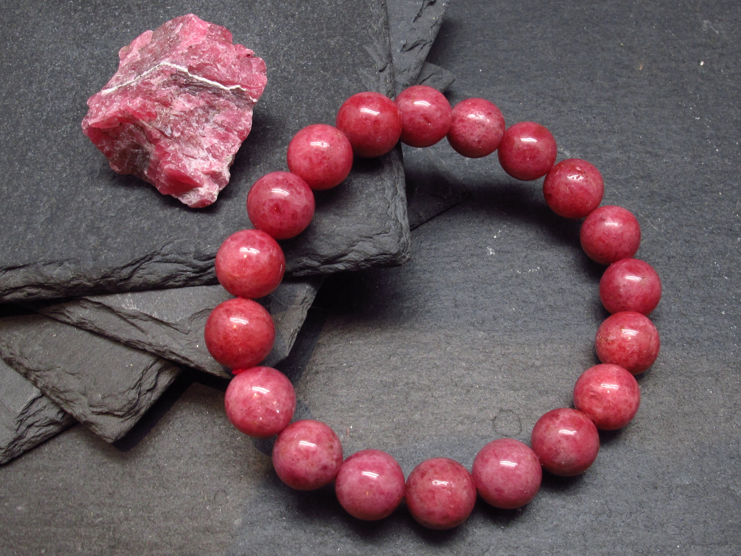 Rhodonite Gem Genuine Bracelet ~ 7 Inches  ~ 10mm Round Beads
