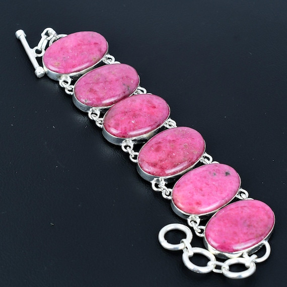 Rhodonite Gemstone Bracelet: 925 Sterling Silver Adjustable Chain