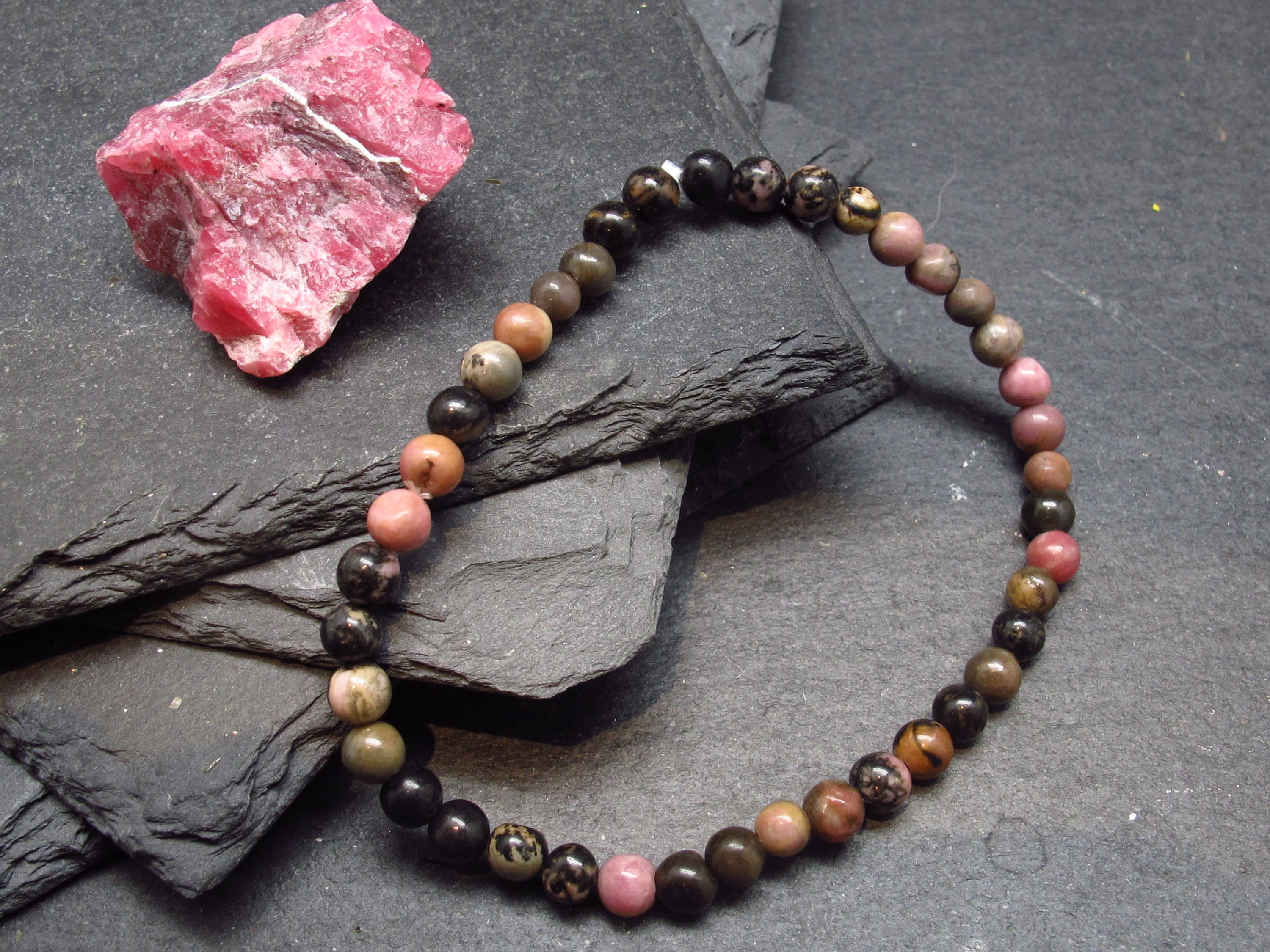 Rhodonite Genuine Bracelet ~ 7 Inches  ~ 4mm Round Beads