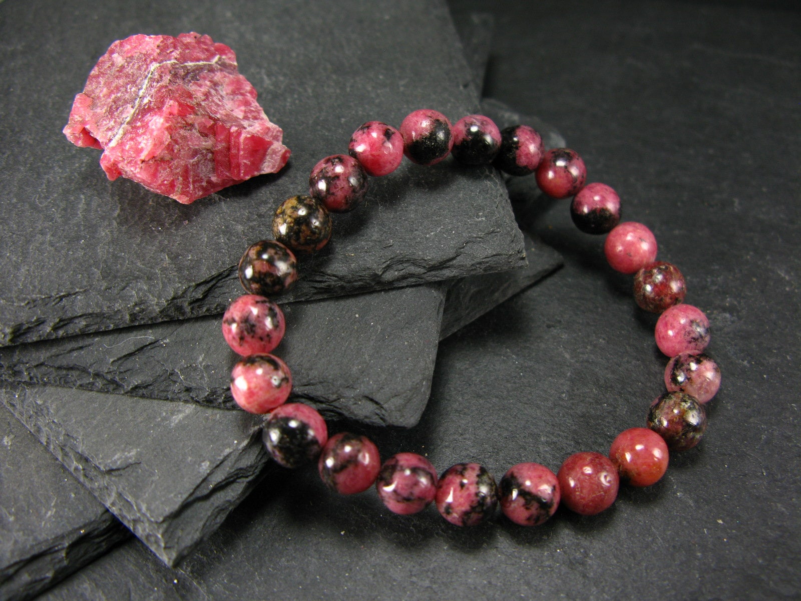 Rhodonite Genuine Bracelet ~ 7 Inches  ~ 8mm Round Beads