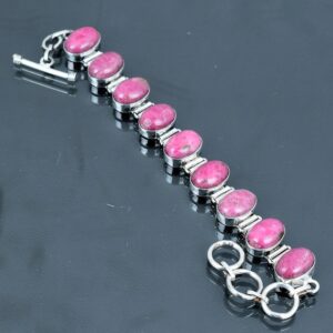 Handmade Rhodonite Bracelet: 925 Sterling Silver Adjustable Gemstone Jewelry