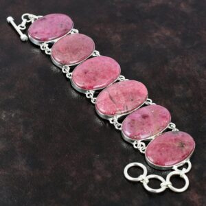 Handmade Rhodonite Bracelet: 925 Sterling Silver Adjustable Chain