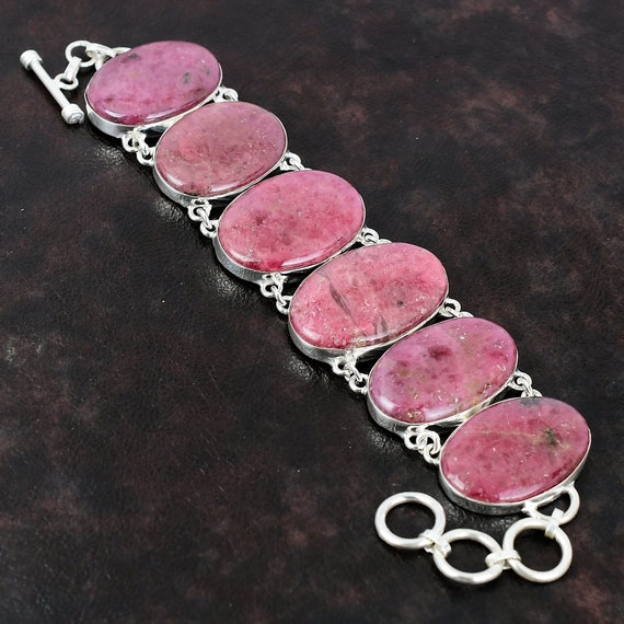 Handmade Rhodonite Bracelet: 925 Sterling Silver Adjustable Chain Handmade Rhodonite Bracelet: 925 Sterling Silver Adjustable Chain