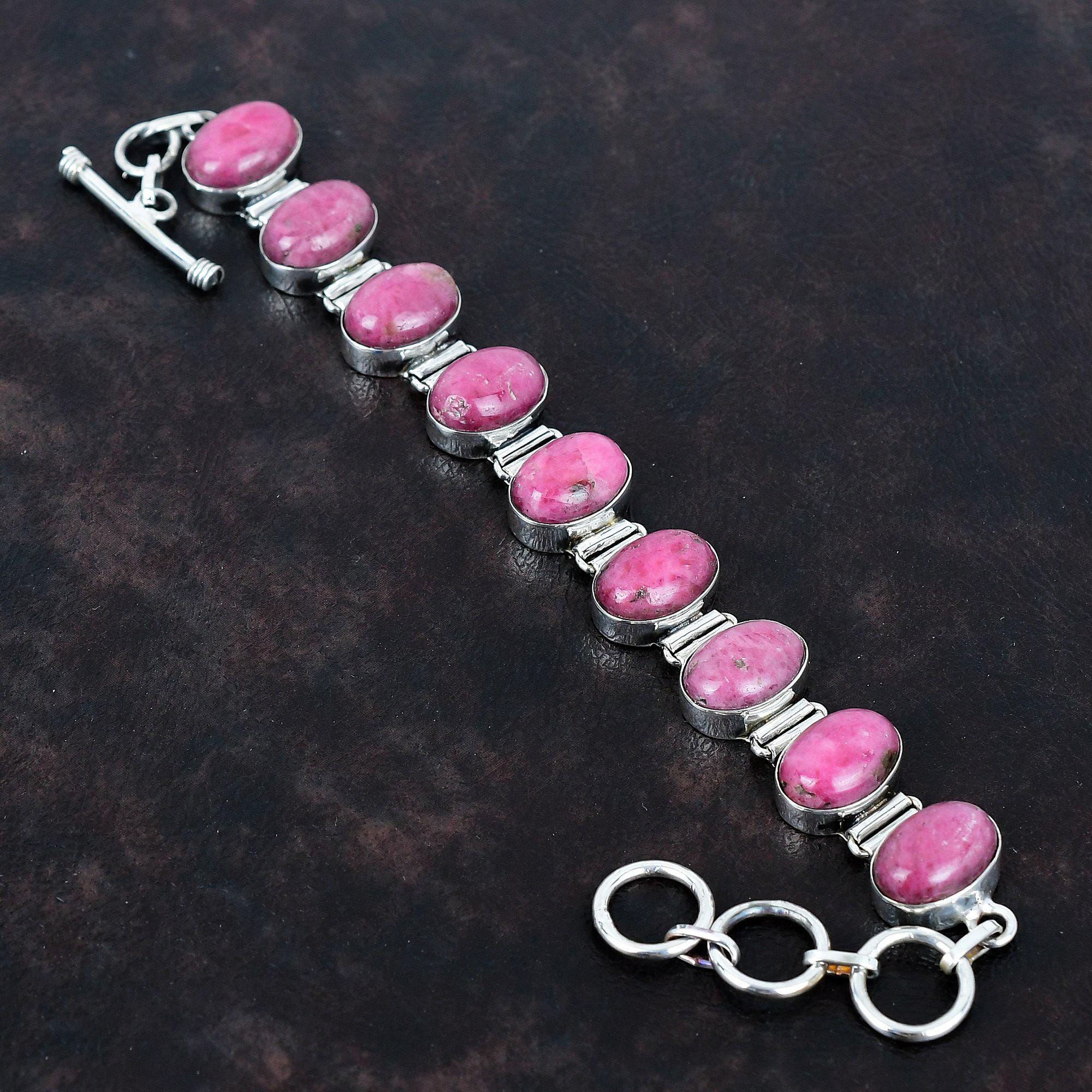 Handmade Rhodonite Bracelet, 925 Sterling Silver Adjustable Chain Handmade Rhodonite Bracelet, 925 Sterling Silver Adjustable Chain