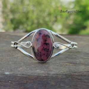 Handmade Rhodonite Bangle: 925 Sterling Silver Boho Bracelet